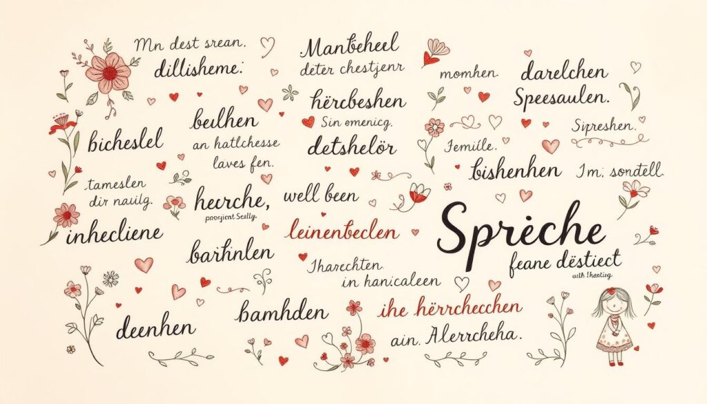 A beautiful, hand-drawn calligraphic composition showcasing a collection of heartfelt German phrases, or "herzliche Sprüche," against a warm, softly-lit background. The phrases flow organically, intertwined with delicate floral motifs and playful, whimsical illustrations that capture the essence of love and appreciation. The overall mood is intimate, sentimental, and radiates a heartfelt, familial warmth, perfectly suited to illustrate the section on expressing gratitude and affection for one's mother.