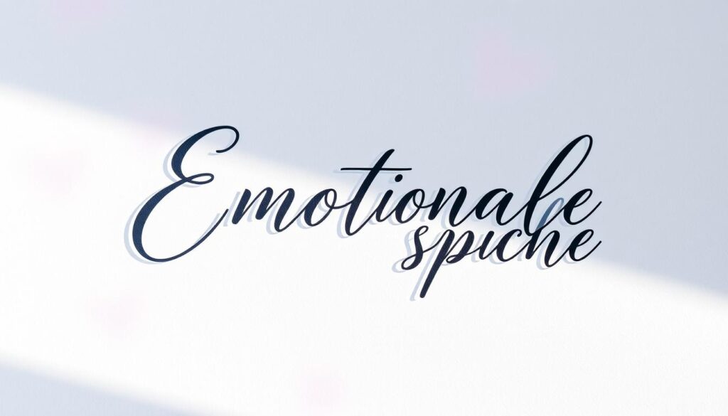 A beautiful, modern calligraphic script flows across the canvas, elegantly capturing the essence of "Emotionale Sprüche". The elegant strokes evoke a sense of heartfelt emotion, with delicate flourishes and subtle shadows that bring depth and dimension to the lettering. The background features a soft, blurred gradient in soothing shades of blue and lavender, creating a serene, contemplative atmosphere. Subtle lighting from the side casts gentle highlights, giving the composition a sense of warmth and authenticity. The overall aesthetic is both visually striking and deeply expressive, perfectly suited to illustrate the section on "Emotionale Muttertagssprüche für besondere Verbindungen".