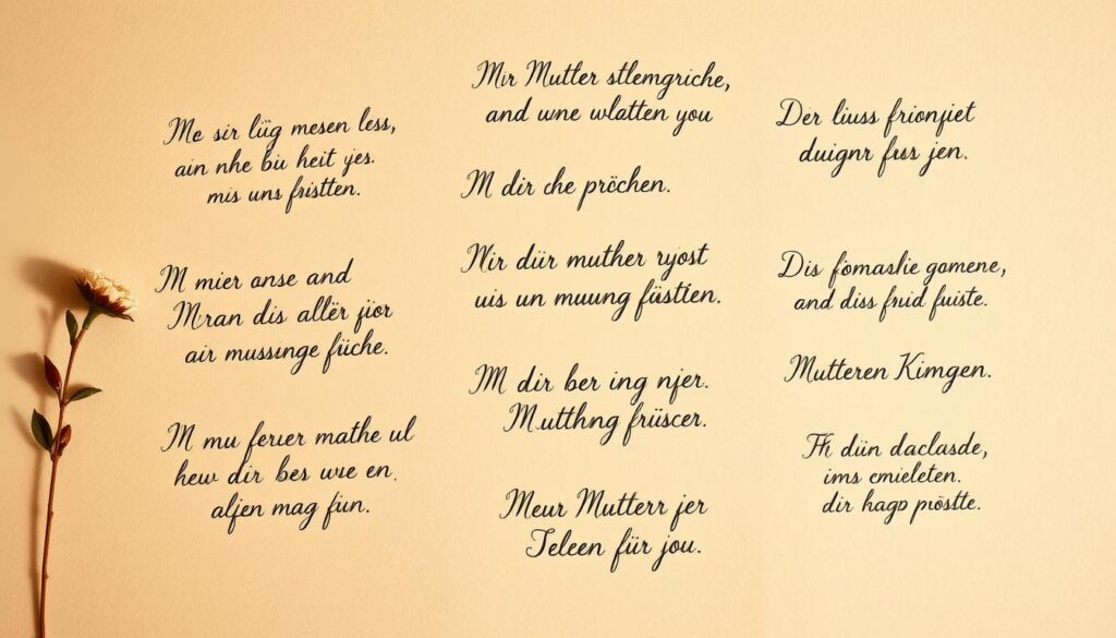 A beautifully calligraphed collection of heartfelt "Muttertagssprüche" lovingly displayed on soft, textured paper against a warm, neutral backdrop. The delicate strokes and elegant flourishes of the handwritten text evoke a sense of thoughtfulness and care. Subtle ambient lighting casts gentle shadows, creating a cozy, intimate atmosphere. The composition is balanced and visually pleasing, with the verses arranged in a harmonious layout that draws the eye to the meaningful expressions of appreciation and admiration for mothers. An inviting and inspirational scene that captures the essence of the "Schöne Muttertagssprüche" section.