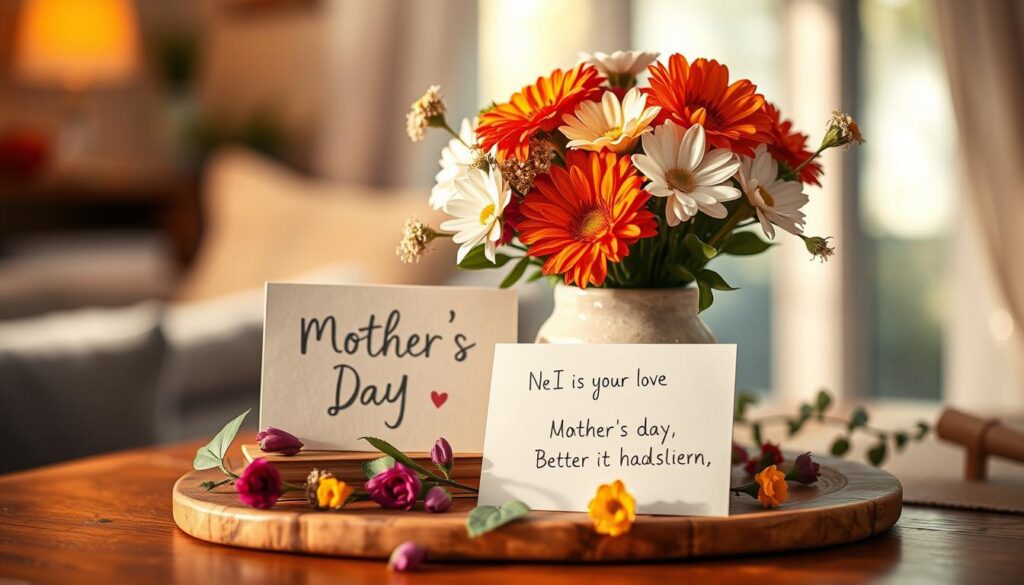 A beautifully crafted DIY Mother's Day arrangement, showcasing a vibrant bouquet of fresh flowers in a handmade ceramic vase, accompanied by a heartfelt greeting card with a handwritten message. The warm, natural lighting illuminates the scene, casting a cozy, intimate ambiance. Carefully composed to capture the joy and love of a homemade gift, the image exudes a sense of heartfelt appreciation and personal touch, perfectly reflecting the theme of "DIY Geschenke kombiniert mit Sprüchen."