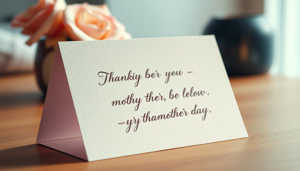A beautifully crafted Mother's Day card with a warm, heartfelt message. The card is made of high-quality textured cardstock, with a delicate floral design in soft pastel colors adorning the cover. The message inside is handwritten in an elegant calligraphy font, expressing sincere gratitude and appreciation for a beloved mother or grandmother. The lighting is soft and diffused, creating a cozy, intimate atmosphere. The camera angle is slightly tilted, giving the image a charming, personal feel. The overall composition is well-balanced, with the card taking center stage and the background blurred to focus the viewer's attention on the thoughtful message.