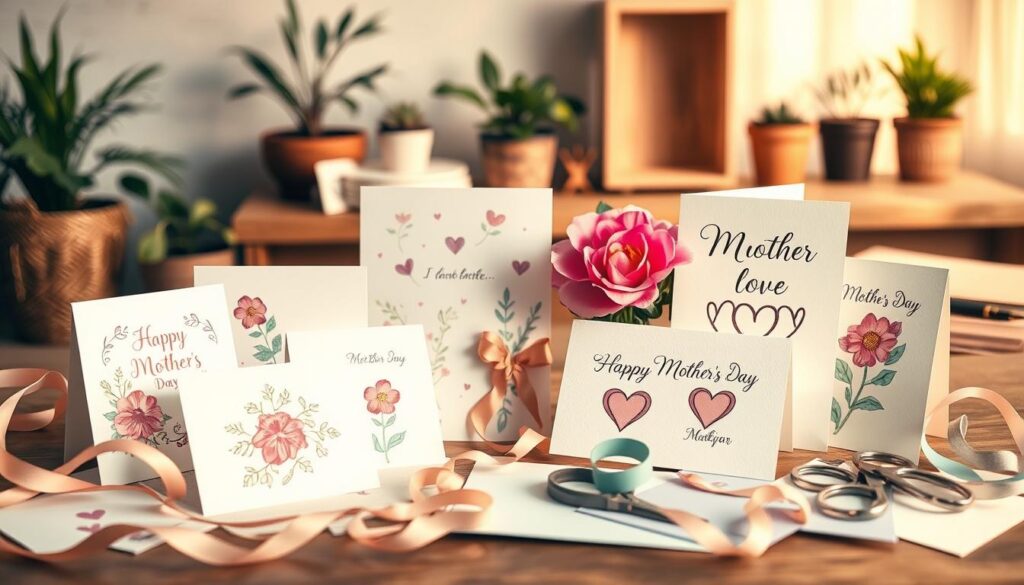 A beautifully crafted composition of handmade Mother's Day cards, displayed against a warm, softly-lit backdrop. In the foreground, an array of delicate, colorful cards featuring heartfelt floral designs, hand-drawn illustrations, and thoughtful messages. The middle ground showcases various crafting supplies, such as ribbons, scissors, and paper in muted pastel tones, hinting at the creative process behind the cards. In the background, a cozy, domestic scene with natural elements like potted plants and wooden surfaces, creating a sense of home and intimacy. The overall mood is one of thoughtfulness, care, and the celebration of motherhood.