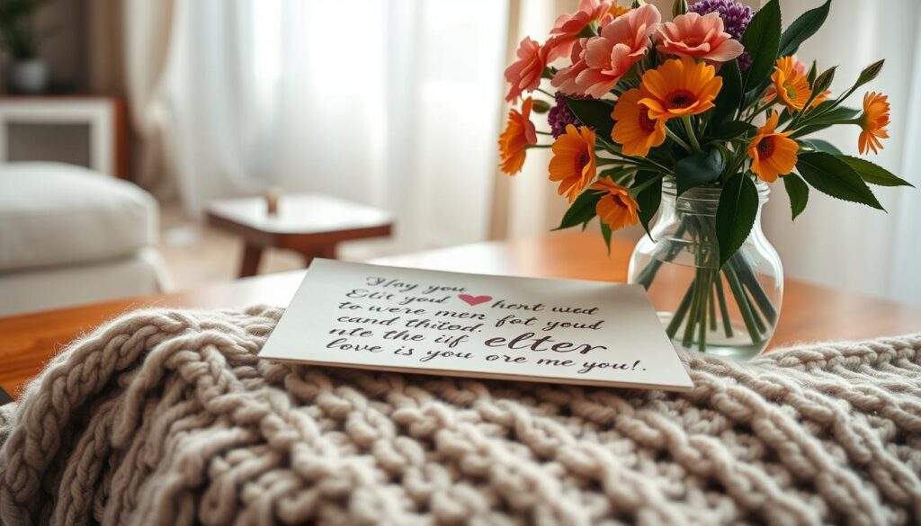 A beautifully crafted, handwritten letter resting on a cozy, knitted throw. The letter features elegant, cursive calligraphy in rich, jewel-toned ink, conveying a heartfelt message. In the foreground, a vase of fragrant, vibrant flowers adds a touch of warmth and tenderness. The mid-ground features a polished, wooden side table, with soft, natural lighting filtering through sheer, flowing curtains. The background suggests a serene, domestic setting, such as a cozy reading nook or living room, creating an intimate, nurturing atmosphere. The overall composition evokes a sense of thoughtfulness, care, and the loving presentation of a meaningful message.
