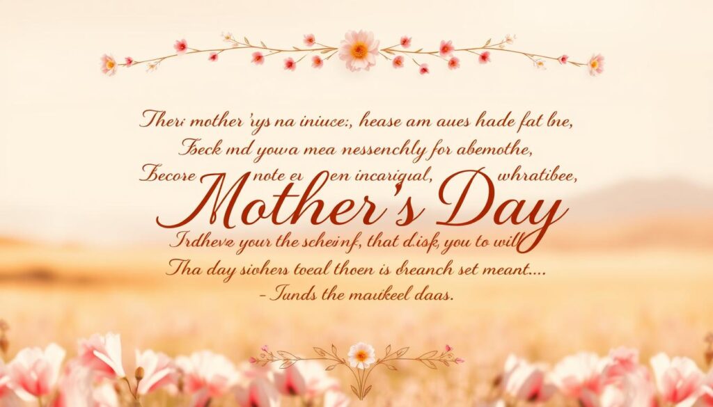 A beautifully crafted typographic composition showcasing a collection of heartfelt Mother's Day quotes. The foreground features an elegant calligraphic script in a warm, earthy palette, each phrase artfully arranged with a sense of balance and harmony. The middle ground frames the text with a delicate floral border, petals softly cascading around the edges. In the background, a serene, pastel-tinted landscape sets the scene, suggesting the peaceful, nurturing spirit of motherhood. Subtle highlights and shadows imbue the image with a sense of depth and dimension, creating an overall effect that is both visually captivating and emotionally resonant.