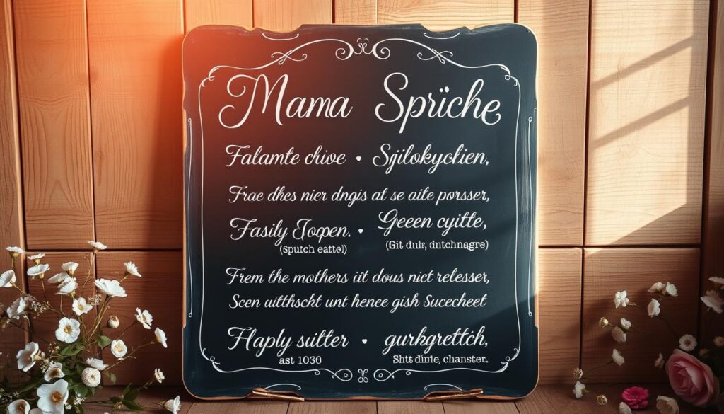 A beautifully crafted vintage-style chalkboard sign, placed against a warm, rustic wooden background. The sign features elegant, hand-lettered cursive script, showcasing a series of heartfelt "Mama Sprüche" (Mother's Quotes) for special occasions. The quotes are written in a soft, pastel color palette, creating a sentimental, nostalgic atmosphere. Gentle natural lighting casts a subtle glow, and the composition is framed with delicate floral accents, conveying a sense of love, appreciation, and the cherished bond between a mother and her family.