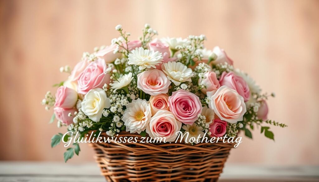 A beautifully curated, delicate floral arrangement against a soft, blurred background. The bouquet features a variety of pastel-hued blooms such as roses, carnations, and baby's breath, carefully arranged in a rustic, woven basket. Warm, diffused lighting casts a gentle glow, creating a serene, heartfelt atmosphere. The composition is balanced and harmonious, evoking a sense of love, appreciation, and thoughtfulness - the perfect visual embodiment of "Glückwünsche zum Muttertag".
