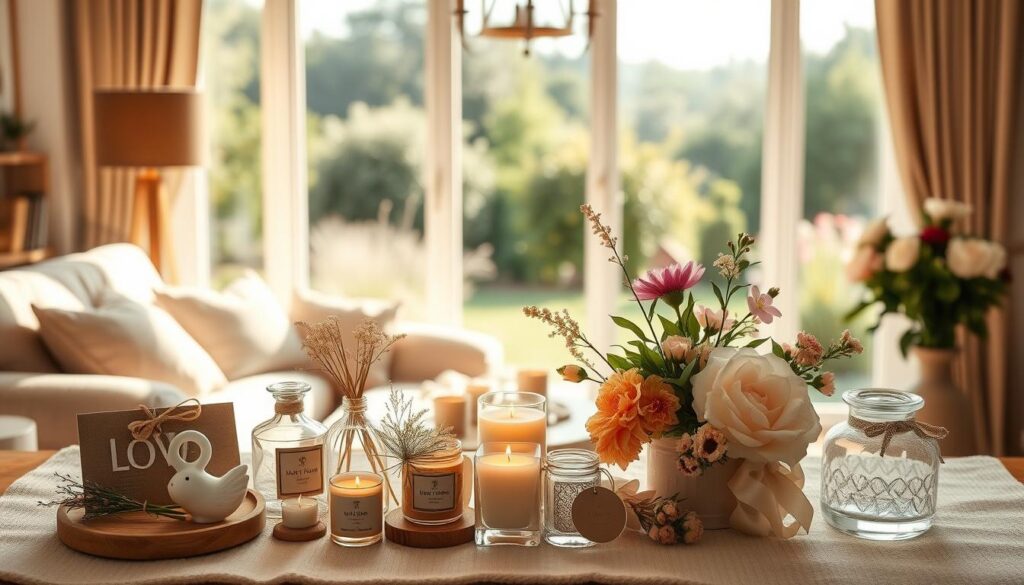 A beautifully curated display of thoughtful Mother's Day gift ideas set against a warm, inviting backdrop. In the foreground, an artful arrangement of handcrafted trinkets, scented candles, and delicate floral bouquets, each item carefully selected to convey love and appreciation. The middle ground features a cozy, sun-dappled living room, with plush textiles and soft, diffused lighting creating an atmosphere of comfort and intimacy. In the background, a panoramic view of a lush, verdant garden, with gentle breezes rustling the leaves and the soft chirping of birds, evoking a sense of tranquility and appreciation for the natural world. The overall scene exudes a mood of heartfelt celebration, thoughtfulness, and timeless elegance.