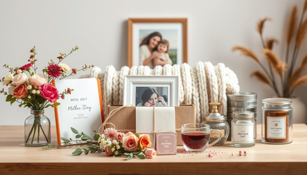 A beautifully curated selection of thoughtful and unique Mother's Day gifts, artfully arranged in a serene, well-lit studio setting. In the foreground, a variety of handcrafted items such as a delicate floral arrangement, a personalized journal, and a set of gourmet tea. The middle ground features a cozy knitted blanket, a framed family photograph, and a set of scented candles. The background is softly blurred, creating a sense of focus on the carefully chosen gifts. The overall mood is one of warmth, elegance, and celebration, perfectly capturing the spirit of this special occasion.