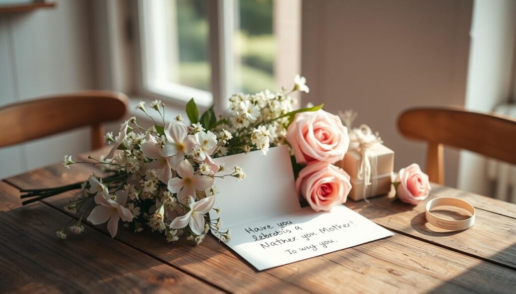 A beautifully curated still life arrangement on a rustic wooden table, featuring a selection of delicate, pastel-hued flowers, a handwritten card, and thoughtfully arranged personal gifts. Soft, natural lighting filters through a window, casting a warm, inviting glow over the scene. The composition is balanced and visually pleasing, with each element complementing the others to create a harmonious, heartfelt display. The mood is one of tranquility, joy, and appreciation, perfectly encapsulating the sentiment of celebrating a beloved mother on her special day.