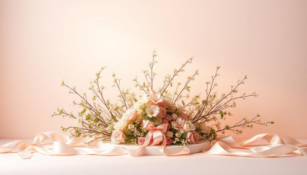 A beautifully elegant presentation stands center stage, adorned with flowing ribbons and delicate floral arrangements. The background is a soft, muted palette of pastel tones, creating a serene and inviting atmosphere. Gentle lighting casts a warm, ethereal glow, highlighting the intricate details of the presentation. The composition is balanced and visually captivating, drawing the viewer's eye to the heart of the scene. This creative display exudes a sense of poetic sophistication, perfectly suited to celebrate the beauty and inspiration of motherhood.
