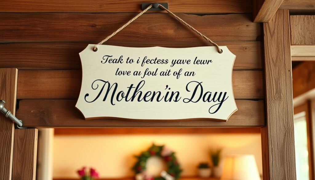 A beautifully hand-crafted sign hanging on a rustic wooden wall, showcasing a heartfelt message for a loving mother-in-law. The background is a cozy, warm-toned interior, with hints of natural textures and soft lighting. The sign itself is elegantly designed, featuring a calligraphic script in a harmonious color palette that complements the setting. The overall atmosphere evokes a sense of gratitude, appreciation, and the cherished bond between family members. The image captures the essence of honoring a special mother figure on Mother's Day through a thoughtful, personalized message.