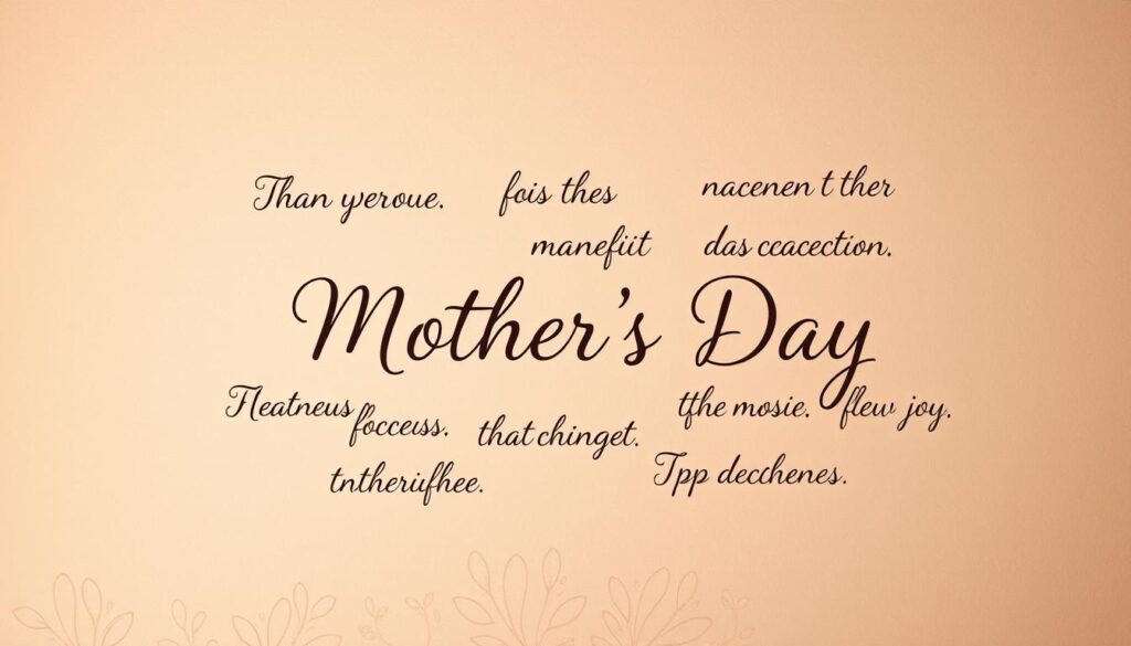 A beautifully hand-lettered collection of the best Mother's Day phrases, rendered in an elegant script against a warm, textured background. The phrases float in the middle ground, delicately framed by a subtle floral pattern in soft, muted tones. Gentle lighting casts gentle shadows, creating depth and dimension. The overall mood is one of heartfelt gratitude and appreciation, perfectly capturing the sentiment of the "Zusammenfassung der besten Sprüche" section.