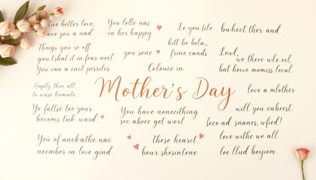 A beautifully hand-lettered, elegantly calligraphed collection of heartfelt Mother's Day sentiments, artfully arranged in a warm, natural composition. Soft, golden lighting illuminates the delicate, flowing lines and soothing pastel tones of the decorated text, evoking a sense of love, gratitude, and appreciation. The layout is clean and minimalist, allowing the lyrical expressions to take center stage, with a subtle background of muted floral elements adding a touch of organic charm. The overall mood is serene, intimate, and thoughtfully crafted to celebrate the special bond between mothers and their loved ones.