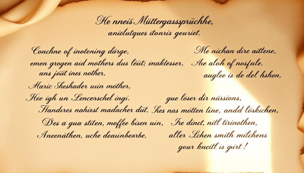 A beautifully hand-written calligraphic arrangement of heartfelt "Muttertagssprüche" (special Mother's Day quotes) on a textured parchment backdrop, illuminated by warm, natural light. The quotes are elegantly displayed in an organic, flowing layout, with each line and letter imbued with a sense of poetic beauty and emotional resonance. The overall atmosphere evokes a serene, contemplative mood, inviting the viewer to pause and reflect on the profound meaning behind these cherished words of appreciation and love for a mother's nurturing spirit.