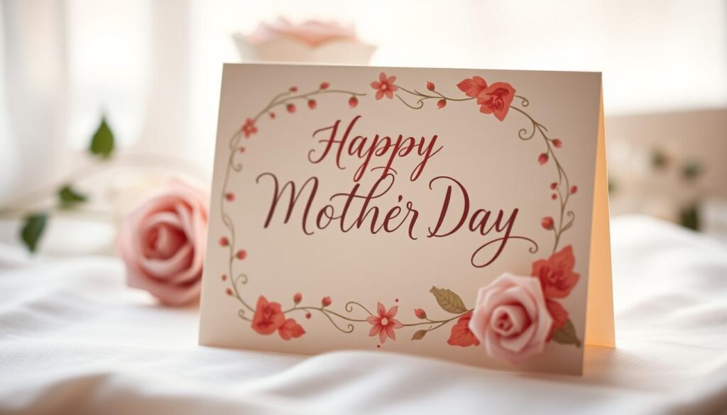 A beautifully handcrafted Mother's Day card with elegant calligraphy, delicate floral patterns, and a warm, pastel color palette. The card is set against a soft, blurred background, creating a sense of intimacy and thoughtfulness. The composition is balanced and visually appealing, with the card taking up a prominent position in the frame. The lighting is gentle and diffused, casting a soothing, ethereal glow over the scene. The overall mood is one of heartfelt appreciation, tenderness, and the deep bond between a wife and her loved one.