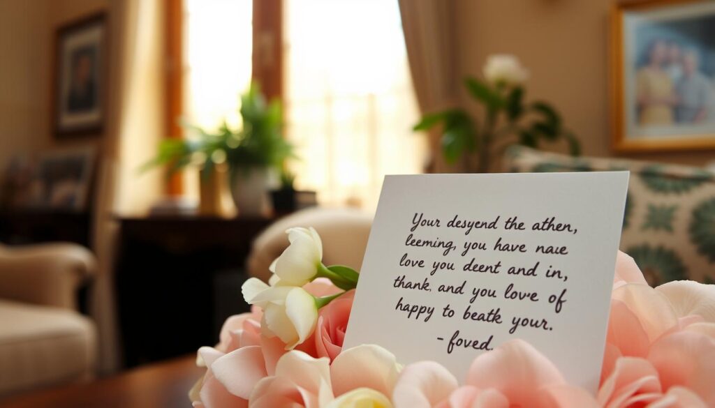 A beautifully handwritten card with a heartfelt message of gratitude, resting on a soft, pastel-colored floral arrangement. The background is a warm, inviting interior, with natural sunlight filtering through sheer curtains, casting a golden glow. The composition is balanced, with the card and flowers placed in the foreground, and hints of personal touches, like a family photograph or a framed artwork, visible in the background. The overall atmosphere is one of tenderness, appreciation, and cherished memories, conveying the sentiment of expressing love and respect for a beloved mother.