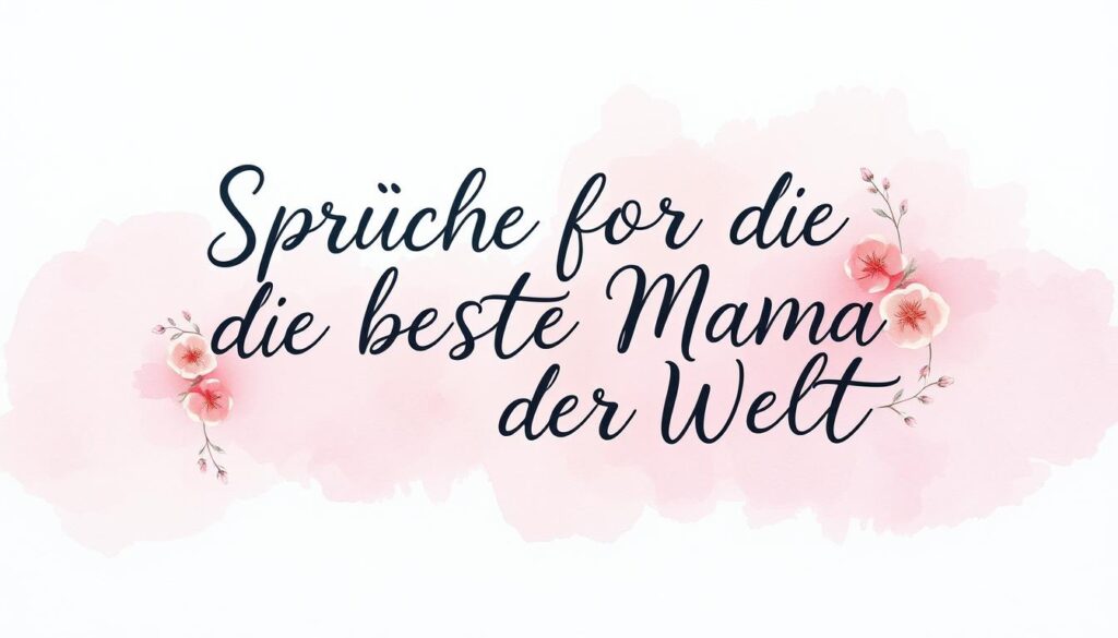 A beautifully handwritten cursive script floats against a soft, ethereal background of pastel watercolor washes in shades of pink, lavender, and mint. The words "Sprüche für die beste Mama der Welt" are elegantly composed, each letter flowing organically into the next, conveying a sense of warmth, love, and affection. Delicate floral accents, perhaps cherry blossoms or spring wildflowers, gently cascade around the text, adding a touch of whimsy and natural beauty. The overall composition exudes a tender, heartfelt, and sentimental mood, perfectly capturing the sentiment of celebrating the world's most amazing mother.