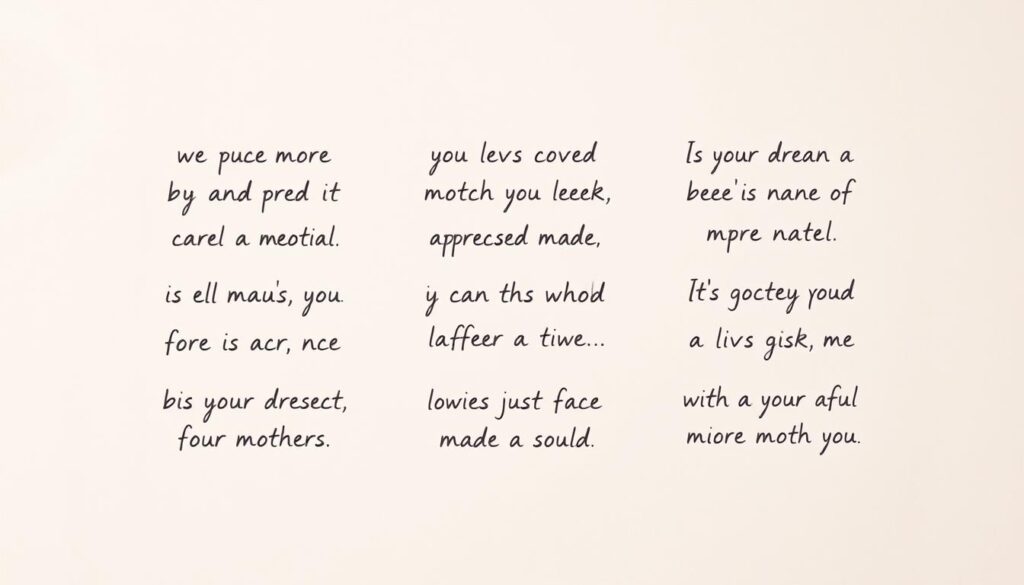 A beautifully handwritten set of short, heartfelt phrases against a soft, pastel-colored background with a gentle, organic texture. The words convey messages of appreciation, love, and admiration for a mother's unwavering care and support. The layout is clean and elegant, with ample negative space to allow the thoughtful sentiments to shine. The overall aesthetic is warm, emotive, and perfect for incorporating into a touching Mother's Day card design.