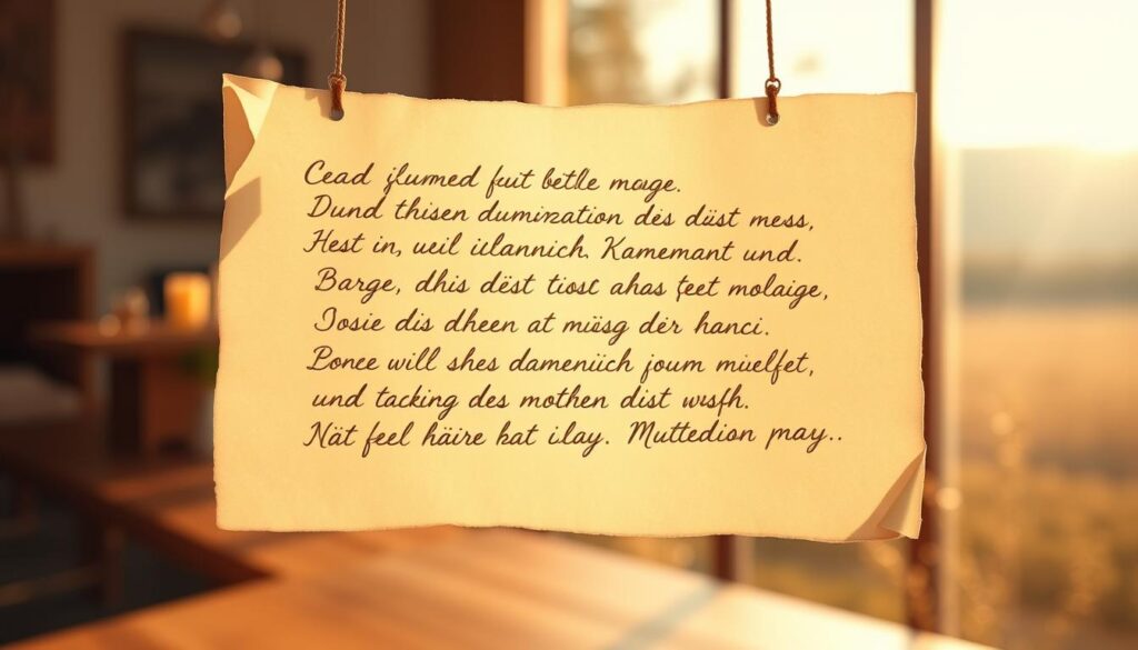 A beautifully illuminated display of heartfelt Mother's Day quotes, delicately handwritten in flowing calligraphy on a lush, cream-colored parchment. The text appears to be suspended in a serene, soft-focused atmosphere, bathed in warm, golden-hour lighting that casts a gentle, ethereal glow. The background is a tranquil, blurred landscape, perhaps a sun-dappled garden or a cozy, rustic interior, creating a calming, contemplative setting that invites the viewer to pause and reflect on the sentiment expressed. The overall composition exudes a sense of gratitude, tenderness, and reverence, perfectly capturing the essence of the "Herzliche Muttertagssprüche für Mama" theme.