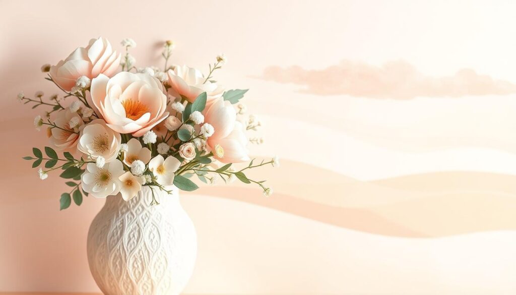 A beautifully illustrated, handmade card for a new mother, featuring a warm, pastel color palette and a delicate, botanical design. The foreground showcases a bouquet of soft, feminine flowers such as peonies, baby's breath, and eucalyptus, artfully arranged in a textured, paper-crafted vase. The middle ground depicts a serene, hand-painted landscape with rolling hills and a calming, cloudy sky. The background blends seamlessly, creating a dreamlike, ethereal atmosphere, enhanced by subtle, diffused lighting that casts a gentle glow on the entire scene. The overall composition conveys a sense of joy, celebration, and the treasured bond between a mother and her newborn child.