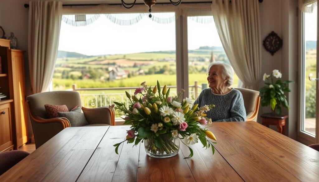 A beautifully lit scene of a traditional German home, with a cozy living room in the foreground. A large wooden table is adorned with a lush bouquet of spring flowers, surrounded by comfortable armchairs. In the middle ground, a graceful elderly woman sits, smiling warmly as she gazes out the window at a garden in full bloom. In the background, a picturesque countryside landscape unfolds, with rolling hills and a quaint village in the distance. The overall mood is one of tranquility, family, and the cherished traditions of Muttertag in Germany.