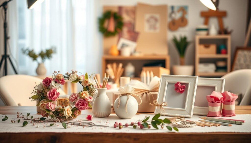 A beautifully lit studio scene depicting an array of handcrafted Mother's Day gifts. In the foreground, an artfully arranged table showcases a selection of heartfelt DIY projects - a delicate floral wreath, a quaint painted vase, and a charming personalized photo frame. The middle ground features a variety of crafting materials and tools, hinting at the creativity and care poured into these homemade presents. The background is softly blurred, allowing the crafted items to take center stage. The lighting is warm and diffused, creating a cozy, inviting atmosphere that evokes the thoughtfulness and love behind these homemade treasures.
