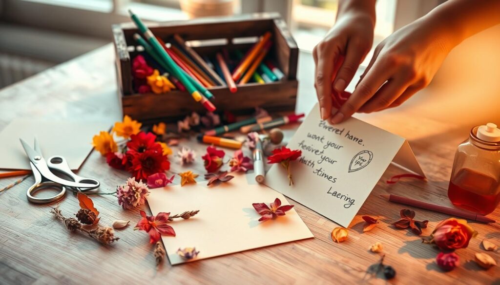A beautifully lit tabletop scene showcasing the creation of personalized greeting cards. In the foreground, a pair of hands carefully arranging vibrant floral elements, dried leaves, and handwritten notes onto a plain cardstock backdrop. In the middle ground, an array of craft supplies such as scissors, glue sticks, and colorful pens spill out from a rustic wooden crate. The background features a softly blurred window, allowing warm natural light to filter in and cast a gentle glow over the entire composition. The overall mood is one of artisanal craftsmanship, personal expression, and thoughtful gift-making.