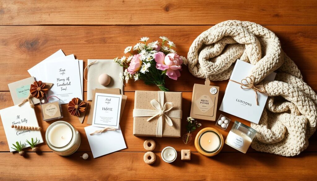 A beautifully styled flat-lay arrangement of thoughtful, handcrafted gift ideas for mothers, captured in warm, natural lighting. In the foreground, an assortment of artisanal candles, greeting cards, and small decorative items. In the middle ground, a delicate bouquet of fresh flowers and a cozy knitted scarf. The background features a rustic, wooden surface with a minimal, minimalist aesthetic, creating a serene, elegant atmosphere. The overall composition evokes a sense of care, creativity, and maternal appreciation.