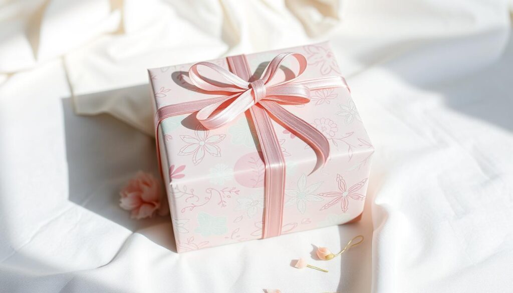 A beautifully wrapped gift box with intricate, whimsical patterns in pastel shades of pink, mint, and lavender. The package is adorned with delicate ribbons, bows, and hand-drawn floral motifs, creating a warm, inviting aesthetic. Soft, natural lighting illuminates the scene, casting gentle shadows and highlights that accentuate the tactile textures of the materials. The composition is balanced, with the gift box positioned centrally and surrounded by a minimalist, airy background that allows the packaging to be the focal point. The overall mood is one of creativity, joy, and thoughtfulness, perfectly capturing the essence of "kreative Verpackungen."