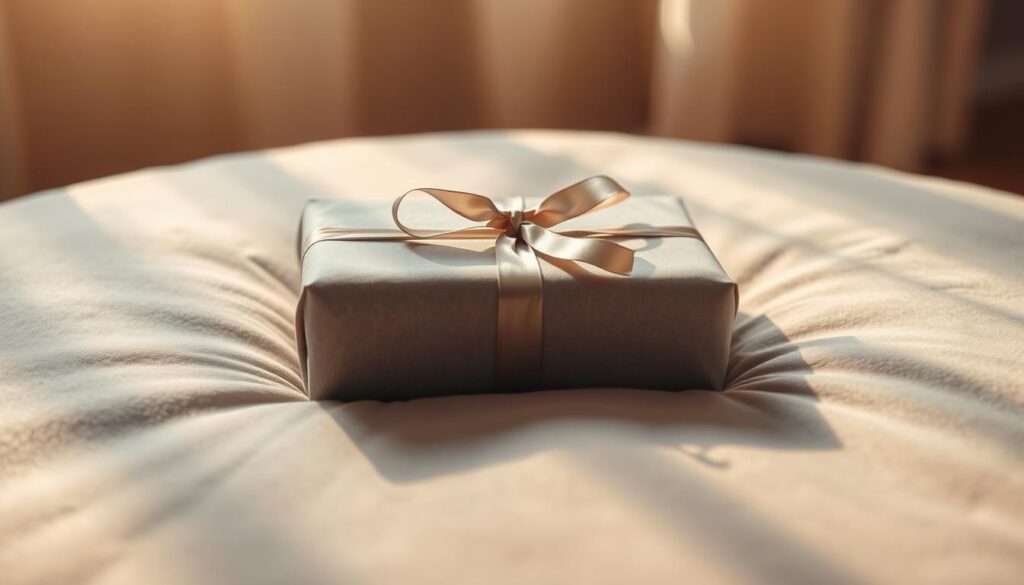 A beautifully wrapped gift resting on a soft, gray velvet surface, illuminated by warm, natural lighting. The package is tied with a delicate, satin ribbon in a complementary shade, creating an elegant, understated aesthetic. The gift itself is positioned slightly off-center, allowing for a sense of depth and visual interest. The background is slightly blurred, drawing the viewer's focus to the carefully curated gift. The overall scene conveys a sense of thoughtfulness, care, and a desire to delight the recipient, reflecting the theme of choosing the perfect gift for a special occasion.
