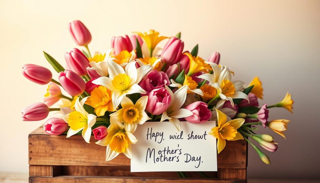 A bouquet of vibrant spring flowers, including tulips, daffodils, and lilies, arranged in a rustic wooden crate against a soft, pastel background. Warm, golden lighting creates a cozy, intimate atmosphere, highlighting the delicate petals and natural textures. The floral composition is complemented by a handwritten greeting card with a heartfelt message for a beloved mother, conveying love, appreciation, and gratitude. A sense of warmth, care, and celebration permeates the scene, capturing the essence of Mother's Day.