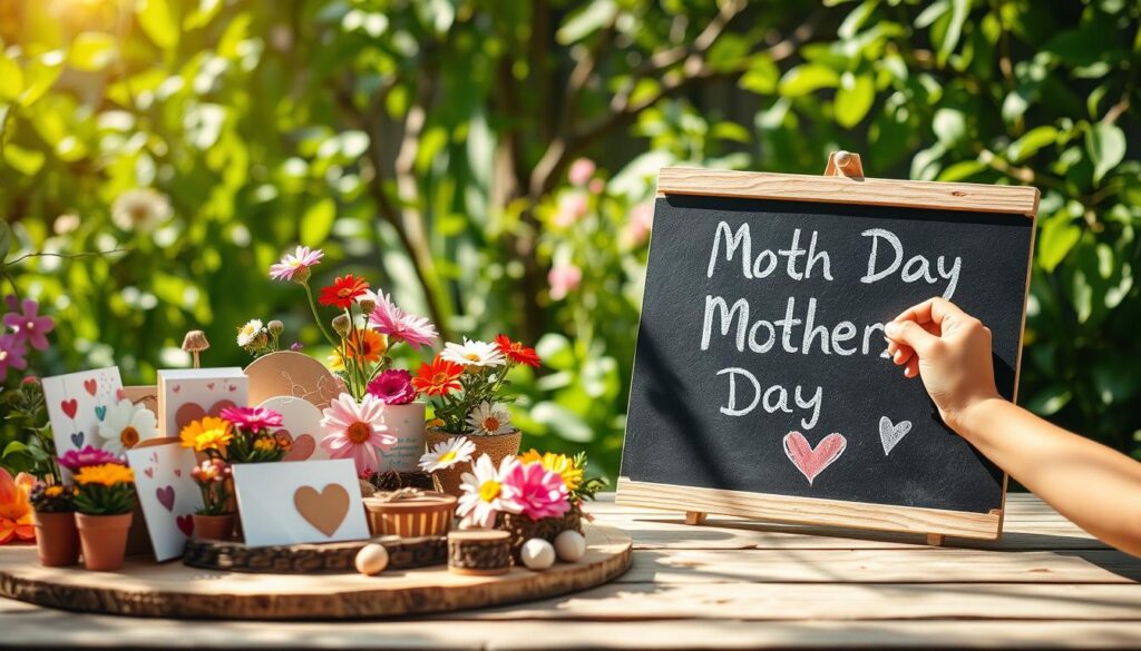 A bright and airy scene showcasing creative ways to present Mother's Day messages. In the foreground, a whimsical assortment of handmade cards, colorful flowers, and artisanal crafts are arranged on a rustic wooden table, bathed in soft, natural light. In the middle ground, a child's hand is carefully crafting a heartfelt message on a chalkboard, the words and drawings reflecting the love and appreciation for their mother. The background features a lush, verdant garden setting, with sun-dappled leaves and a sense of tranquility, evoking the warmth and comfort of home. The overall mood is one of joy, creativity, and the heartfelt celebration of motherhood.
