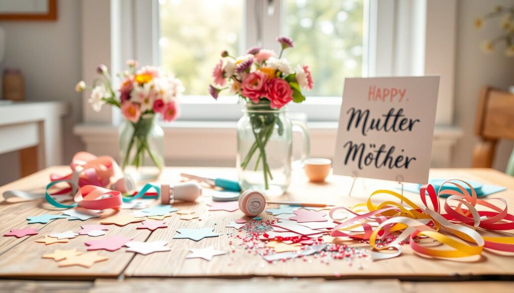 A bright, cheerful DIY craft scene showcasing handmade Muttertagsgrüße (Mother's Day greetings). In the foreground, colorful paper cut-outs, ribbons, and glitter are scattered across a rustic wooden table, hinting at the creative process. In the middle ground, a bouquet of fresh spring flowers sits in a mason jar, adding a natural, organic element. The background features a sun-dappled window, casting a warm, soft light and suggesting a cozy, domestic setting. The overall mood is one of heartfelt, homemade charm - a thoughtful, personalized approach to celebrating Mother's Day.