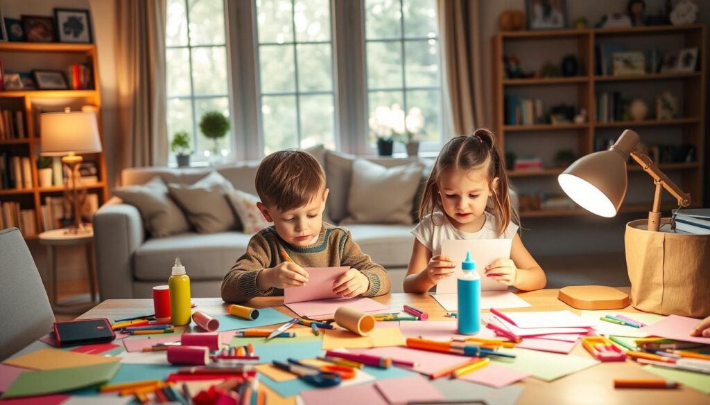 A bright, cheerful scene of children's craft time. In the foreground, a table covered in colorful paper, glue, scissors, and an array of craft supplies. Two young children, a boy and a girl, intently focused on creating handmade cards, their faces lit by the warm glow of a table lamp. In the background, a cozy living room with plush seating and shelves filled with books and family photos. Natural light streams in through large windows, casting a soft, diffused illumination across the scene. The overall mood is one of creativity, togetherness, and the special bond between parent and child.
