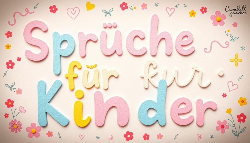 A bright, colorful illustration of whimsical handwritten "Sprüche für Kinder" (Sayings for Children) on a playful background. The text should appear in a variety of pastel colors, sizes, and styles, with doodles, flowers, and other playful elements around the edges. The overall mood should be cheerful, warm, and inviting, evoking a sense of childhood wonder and positivity. Utilize a soft, diffused lighting with a slight vignette effect to create a cozy, intimate atmosphere. The composition should be balanced, with the text elements taking center stage, but the surrounding details adding depth and visual interest.