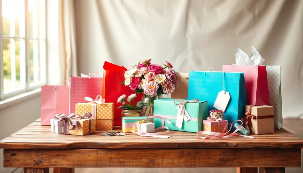 A brightly lit studio setting with a rustic wooden table in the foreground. On the table, an assortment of colorful gift bags, boxes, and wrapping supplies, including ribbons, tissue paper, tags, and various crafting materials. In the middle ground, a bouquet of fresh spring flowers, perhaps carnations or daisies, adding a touch of natural beauty. The background features a serene, blurred natural setting, perhaps with a subtle window or neutral backdrop to emphasize the crafting scene. The overall mood is warm, inviting, and evocative of a homemade, DIY approach to Mother's Day gift-giving.