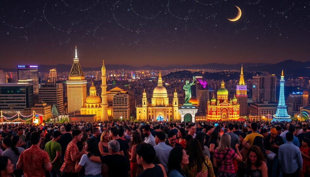 A bustling city at night, lit by the glow of festive lights and decorations. In the foreground, people of diverse cultures and nationalities gather in a lively celebration, dancing, embracing, and sharing joyous moments. In the middle ground, iconic landmarks from around the world are visible, each illuminated with intricate patterns and hues, representing the global nature of the festivities. The background is a stunning night sky, dotted with stars and a crescent moon, casting a warm, ethereal glow over the entire scene. The atmosphere is one of unity, togetherness, and a shared appreciation for the universal celebration of motherhood.