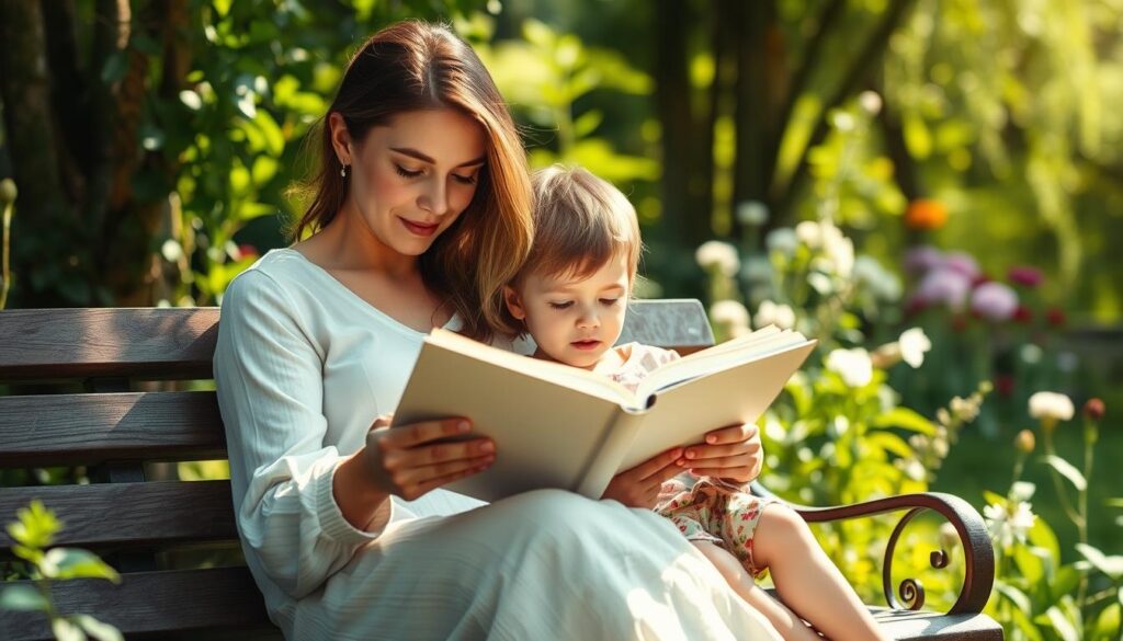 A calming, pastoral scene of a mother and child reading poetry together on a sun-dappled bench in a lush garden. The mother's face is serene and nurturing as she holds an open book, while the child leans in, enraptured by the words. Soft, diffused light filters through the surrounding foliage, creating a warm, intimate atmosphere. The composition has a balanced, classical feel, with the figures positioned in the foreground and the garden stretching out behind them. The overall mood is one of tranquility, family, and the joy of learning and experiencing poetry.
