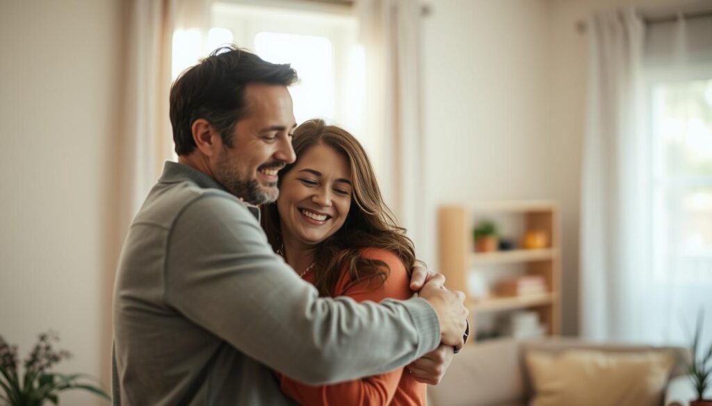 A candid, heartwarming scene of a loving couple sharing a tender, intimate moment together. In the foreground, the partners embrace, their faces alight with genuine affection and adoration. Soft natural lighting filters through a window, casting a warm, romantic glow on the pair. In the middle ground, the cozy, inviting interior of a home sets the scene, hinting at the comfort and security of their relationship. The background fades into a dreamlike blur, emphasizing the couple's focus on each other. The overall mood is one of profound gratitude, appreciation, and the quiet joy of cherished moments.