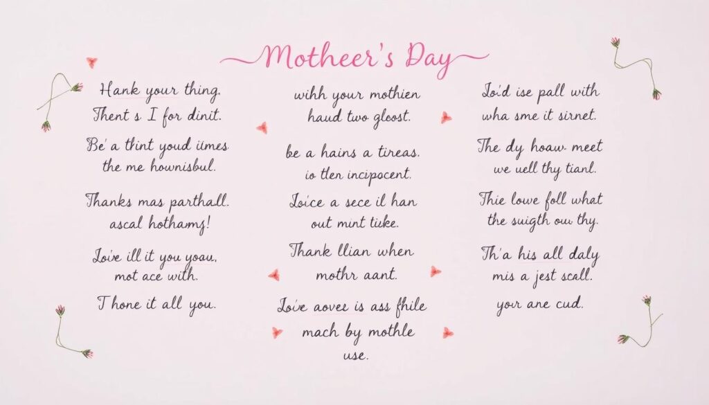 A carefully composed arrangement of short, thoughtful phrases for Mother's Day greetings, displayed against a soft, pastel-hued backdrop with a delicate, hand-drawn aesthetic. The words are elegantly handwritten in a variety of cursive styles, capturing the warmth and sincerity of the sentiments. The layout is balanced and visually appealing, inviting the viewer to pause and reflect on the meaningful messages. Subtle floral and geometric accents add a touch of whimsy, creating an overall atmosphere of gratitude and appreciation for the mother figure.