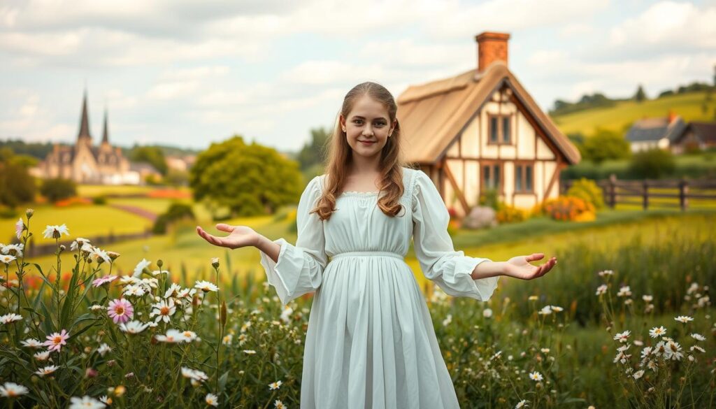A charming 18th-century scene depicting the origins of Mother's Day. In the foreground, a young woman in a flowing white dress stands among blooming wildflowers, her hands outstretched in a gesture of gratitude. Behind her, a quaint country cottage nestled in a lush, verdant landscape, with a warm, golden glow illuminating the scene. In the distance, a picturesque village can be seen, with church steeples and thatched-roof houses. The composition is balanced and harmonious, conveying a sense of timeless elegance and reverence for the maternal bond. The lighting is soft and diffused, creating a dreamlike, nostalgic atmosphere that transports the viewer to a bygone era when the modern holiday of Mother's Day first took root.