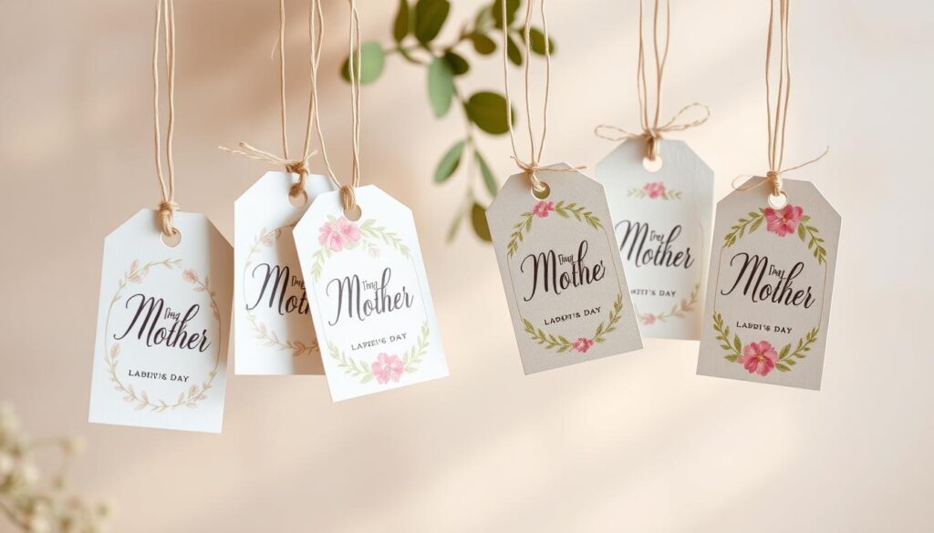 A charming arrangement of handcrafted gift tags, adorned with delicate floral patterns and calligraphic phrases that evoke a sense of poetic elegance. The tags are suspended against a soft, neutral background, gently illuminated by a natural, warm light that casts a gentle glow. The overall composition conveys a refined, artisanal aesthetic, perfect for elevating the presentation of gifts for a Mother's Day celebration.