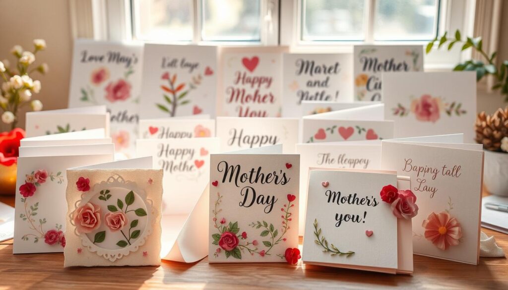 A charming collection of handmade Mother's Day cards, each one a unique expression of love and appreciation. In the foreground, an assortment of intricately crafted cards made from various materials - delicate floral patterns, playful cutouts, and textured embellishments. The middle ground showcases a mix of watercolor paintings, calligraphy, and whimsical sketches, all depicting heartfelt messages. The background is a soft, warm-toned setting, perhaps a cozy craft table or a sun-dappled windowsill, creating a serene and inviting atmosphere. The overall scene radiates a sense of creativity, thoughtfulness, and the genuine care that goes into celebrating the special bond between mothers and their loved ones.