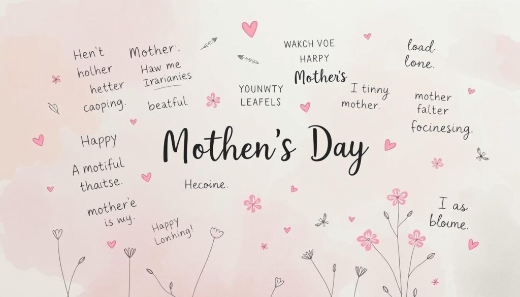 A charming collection of handwritten, whimsical Mother's Day phrases floating on a soft, pastel-hued background. In the foreground, a playful mix of doodles, sketches, and playful typography dance across the frame, capturing the warmth and humor of heartfelt messages for mothers. The middle ground features gentle brush strokes and delicate floral motifs, creating a soothing, artistic atmosphere. The background bathes the scene in a dreamy, feminine glow, with hints of watercolor washes and subtle textures adding depth and character. The overall composition conveys a lighthearted, joyful celebration of motherhood through creatively rendered, humorous sentiments.