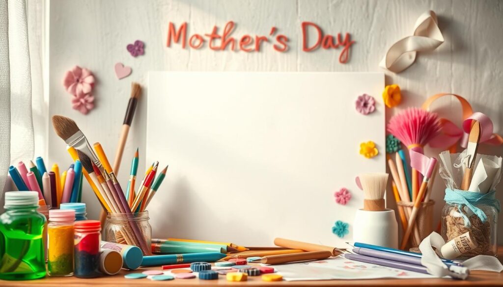A charming, hand-crafted scene of creative expression for Mother's Day. In the foreground, a colorful array of art supplies - vibrant paints, whimsical markers, delicate brushes, and playful stickers. The middle ground features a blank canvas, ready to be transformed into a heartfelt masterpiece. Soft, natural lighting filters in from the background, casting a warm, inviting glow. Textured paper, ribbon, and other DIY materials suggest a tactile, homemade aesthetic. The overall mood is one of playful inspiration, encouraging the viewer to unleash their inner creativity and craft a unique, personalized message for their beloved mother.