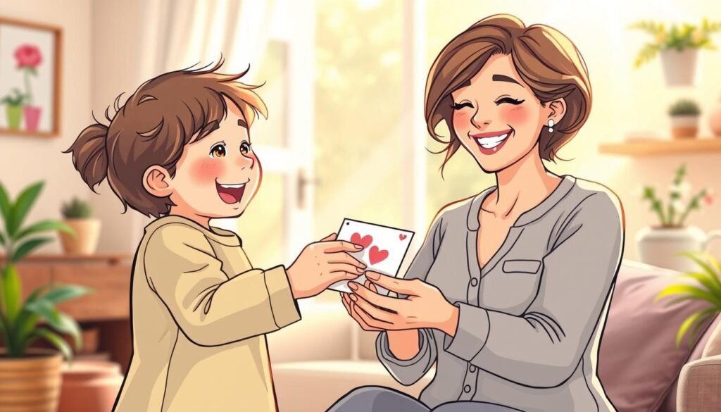 A charming illustration of "Mother's Day for Children": a lively scene showcasing a young child, perhaps 5-7 years old, enthusiastically presenting a handmade card or small gift to their smiling, loving mother. The child's expression is joyful and earnest, capturing the innocent delight of the occasion. The mother, radiating warmth and affection, graciously receives the offering with open arms, her face lit by a radiant smile. The background is a cozy, sun-dappled domestic setting, perhaps a living room or kitchen, hinting at the familial comfort and intimacy of the moment. The lighting is soft and natural, creating a serene, welcoming atmosphere. The overall tone is one of heartfelt celebration, highlighting the special bond between mother and child on this meaningful day.