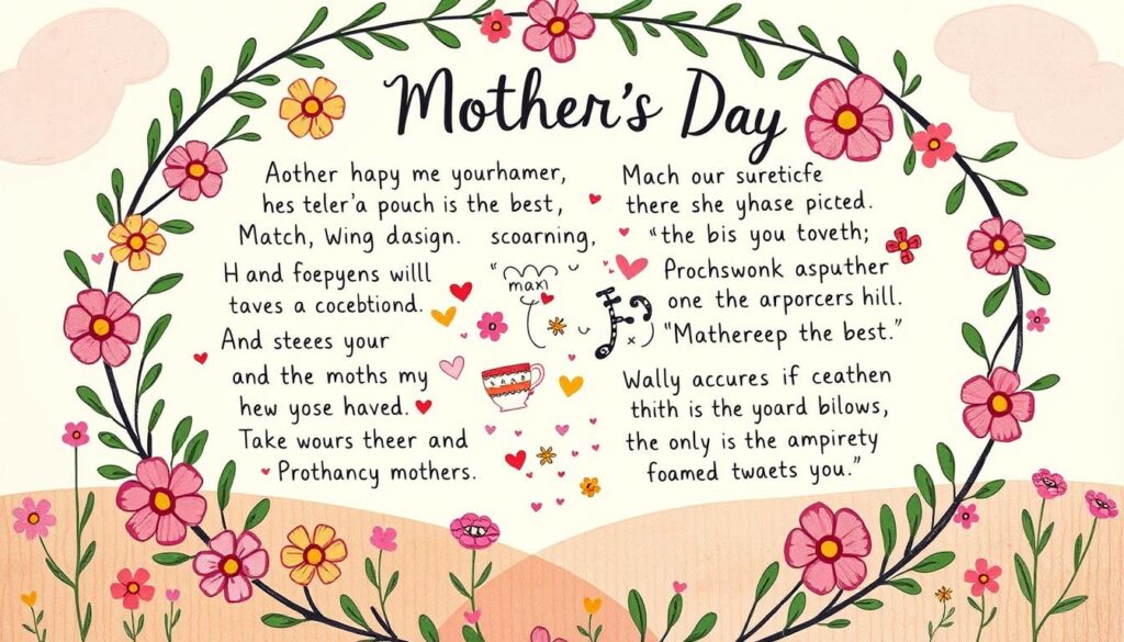 A charming, whimsical scene of humorous Mother's Day quotes creatively depicted in a lighthearted, hand-drawn style. In the foreground, a cheerful floral wreath frames an arrangement of endearing, rhyming sentiments written in a playful calligraphic script. In the middle ground, a collage of quirky illustrations, such as colorful teacups, smiling flowers, and doodle-like patterns, playfully complement the text. The background features a soft, pastel-tinted, abstract landscape with a sense of warmth and joy, creating an inviting, cozy atmosphere. The overall composition has a delightful, homemade, crafty aesthetic, capturing the spirit of celebrating mothers with creativity and levity.