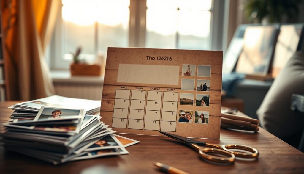 A cheerful and creative DIY photo calendar project, showcased on a cozy wooden tabletop. In the foreground, an assortment of colorful photo prints, craft supplies, and a pair of stylish scissors. The middle ground features a rustic calendar template with blank spaces for personalized photos. In the background, a softly lit window overlooking a tranquil outdoor scene, casting a warm, natural glow. The overall atmosphere is one of crafty inspiration, inviting the viewer to create a unique, heartfelt keepsake. Shallow depth of field, with a focus on the calendar's design elements. Muted, earthy tones complement the handmade aesthetic.