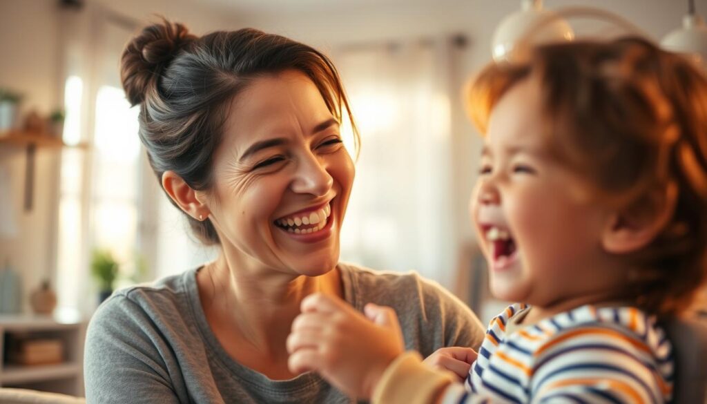 A cheerful and nurturing mother laughing with her young child, their bond illuminated by warm, golden lighting. The foreground features the pair sharing a joyful moment, the mother's face radiating a playful, lighthearted expression. In the middle ground, glimpses of a cozy, comforting domestic scene unfold, with subtle hints of household items and decor that convey a sense of home. The background is softly blurred, allowing the central figures to be the focal point, their shared laughter and vibrant energy creating an atmosphere of genuine, heartfelt maternal humor.