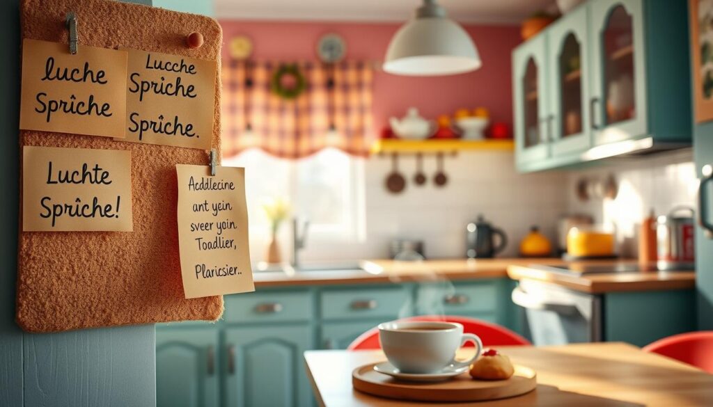 A cheerful and whimsical kitchen scene, filled with vibrant colors and playful design elements. In the foreground, a set of handwritten "lustige Sprüche" are pinned to a cork board, their humorous messages adding a touch of levity to the space. In the middle ground, a cozy breakfast nook is bathed in warm, natural lighting, with a cup of steaming coffee and some freshly baked treats on the table. In the background, the kitchen cabinets and appliances have a retro, vintage aesthetic, creating a welcoming and nostalgic atmosphere. The overall mood is one of joy, laughter, and the simple pleasures of spending time with loved ones.